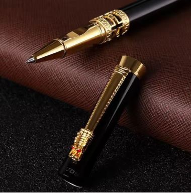 Hollow-Out Metal Rollerball Pen – Black and Gold Finish